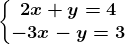 \left\\beginmatrix 2x+y=4\\ -3x-y=3 \endmatrix\right.